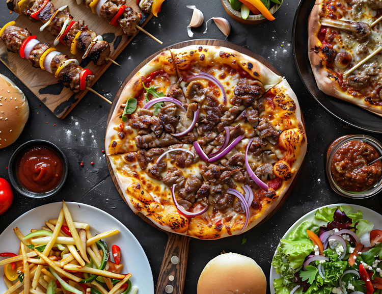  pizzas, kebabs, salads, chips and sauce served at Pizza Daddy Blyth